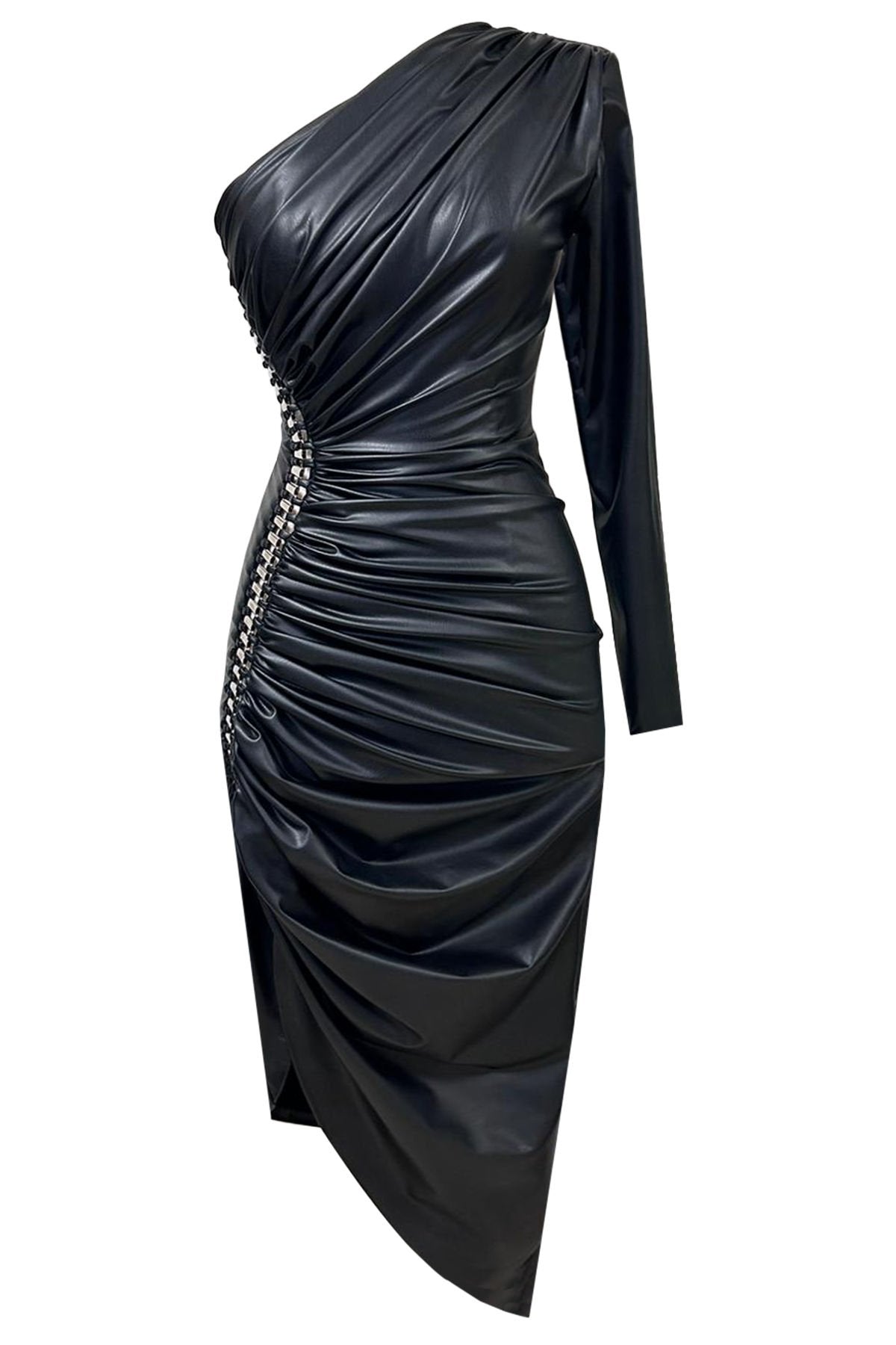 leather and fabric dress Dione Midi PLEATED BUST