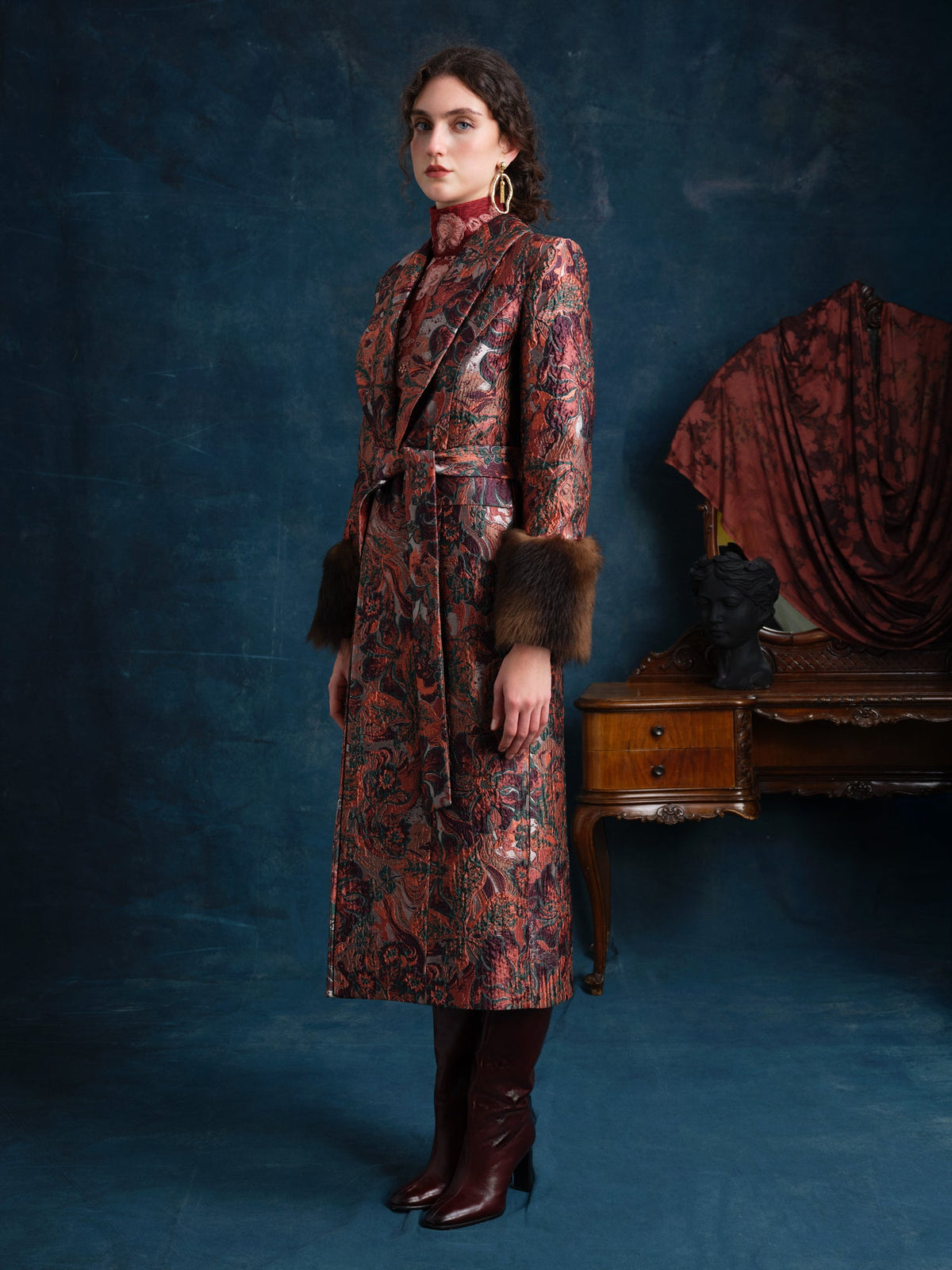Montera Brocade Coat with Shearling Cuffs