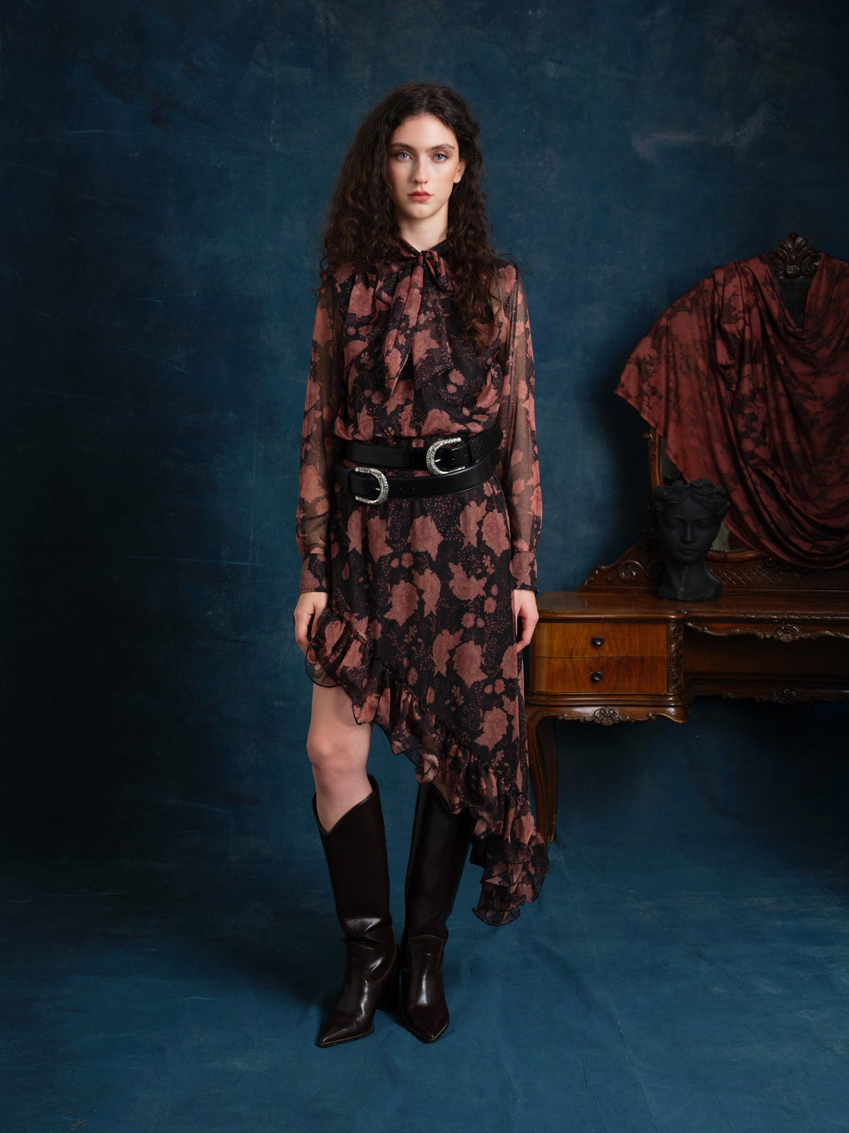 Fiorella Printed Assymetric Schiffon Midi Dress