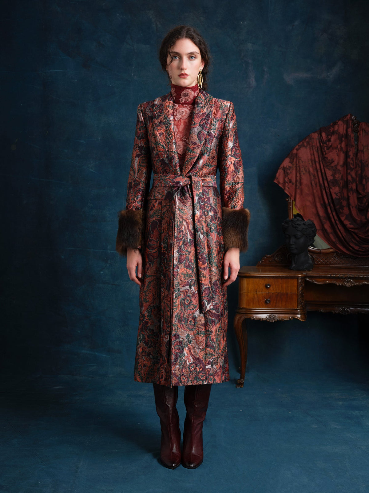 Montera Brocade Coat with Shearling Cuffs