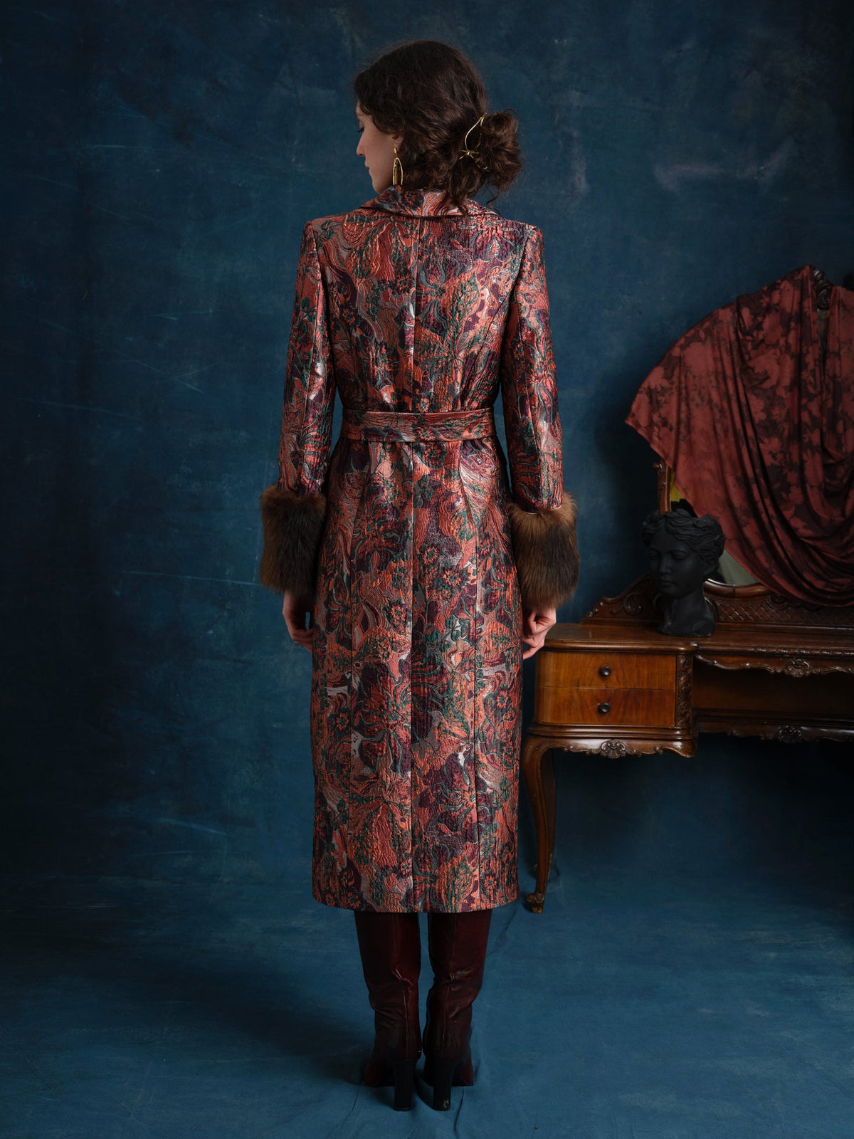 Montera Brocade Coat with Shearling Cuffs