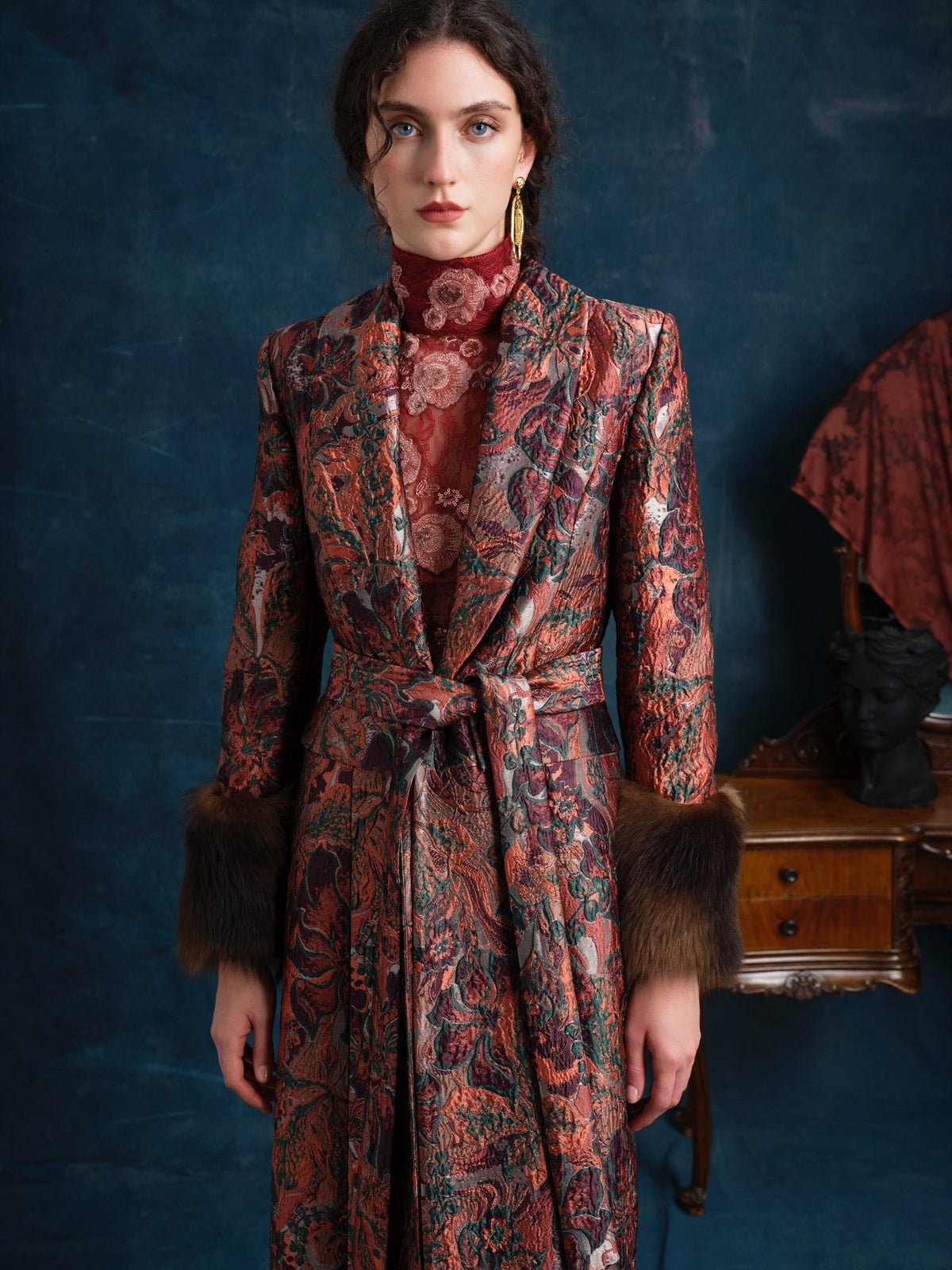 Montera Brocade Coat with Shearling Cuffs