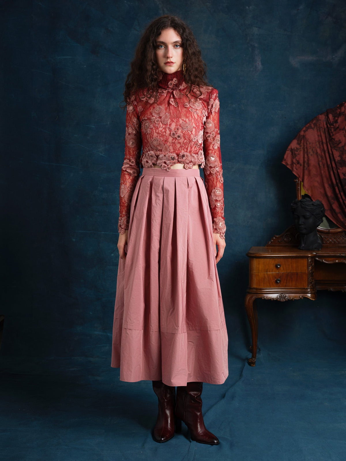 Stem Tafetta Midi Skirt